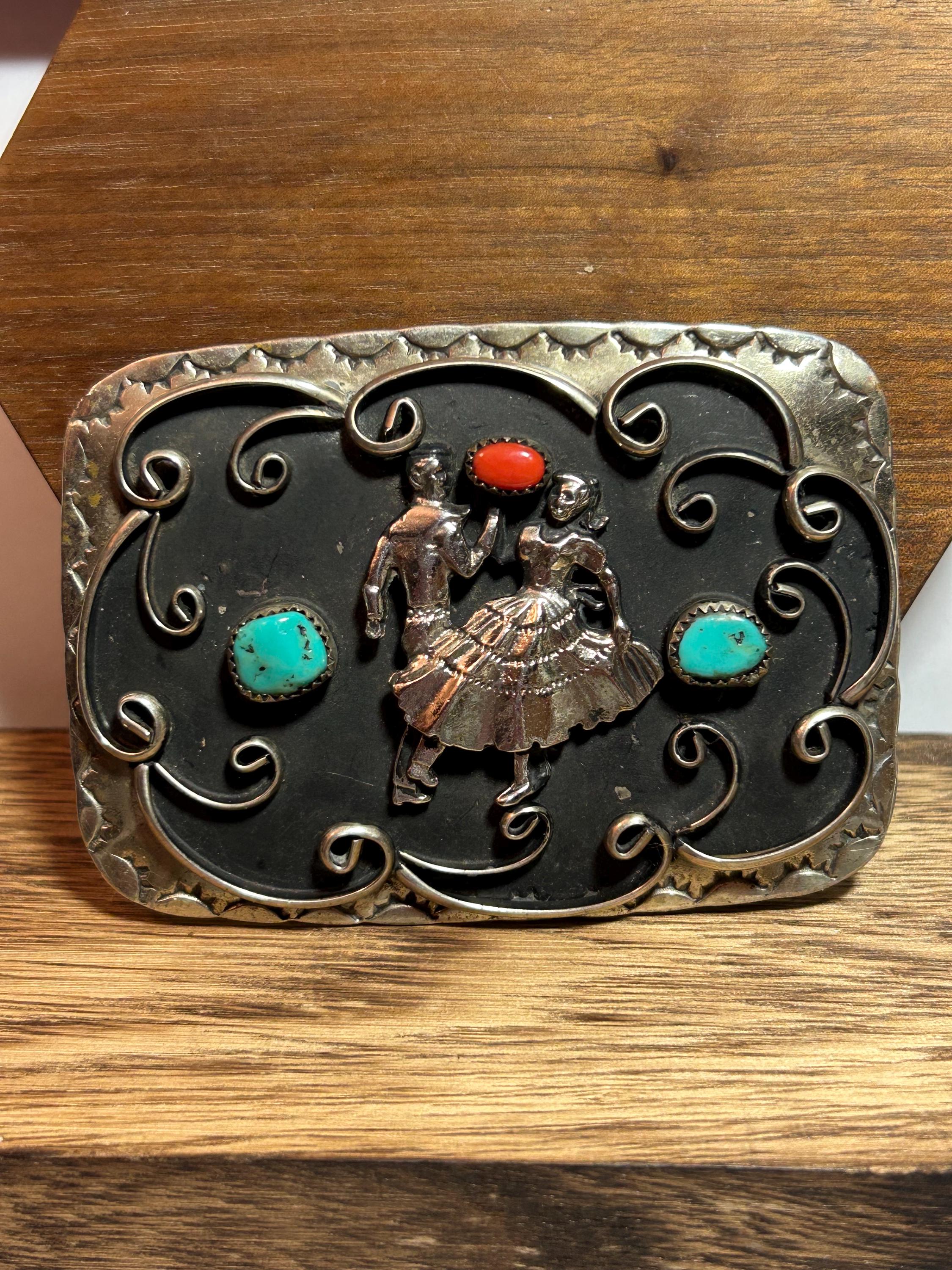 Navajo Turquoise Red Coral Belt Buckle Sterling Silver 925  display picture 1