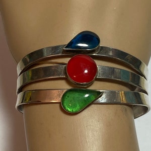 Taxco Sterling Cuff Bracelet 925 Silver Blue Green Red Enamel Mexico Vintage Jewelry Southwestern Birthday Christmas Anniversary Gift