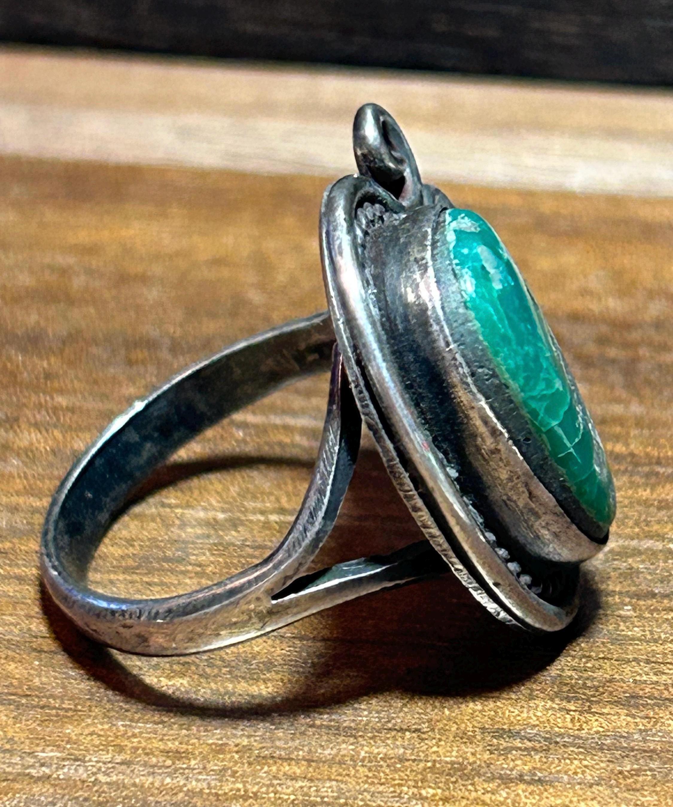 Fred Harvey Era Green Turquoise Sterling Ring Sz 9 Navajo 925