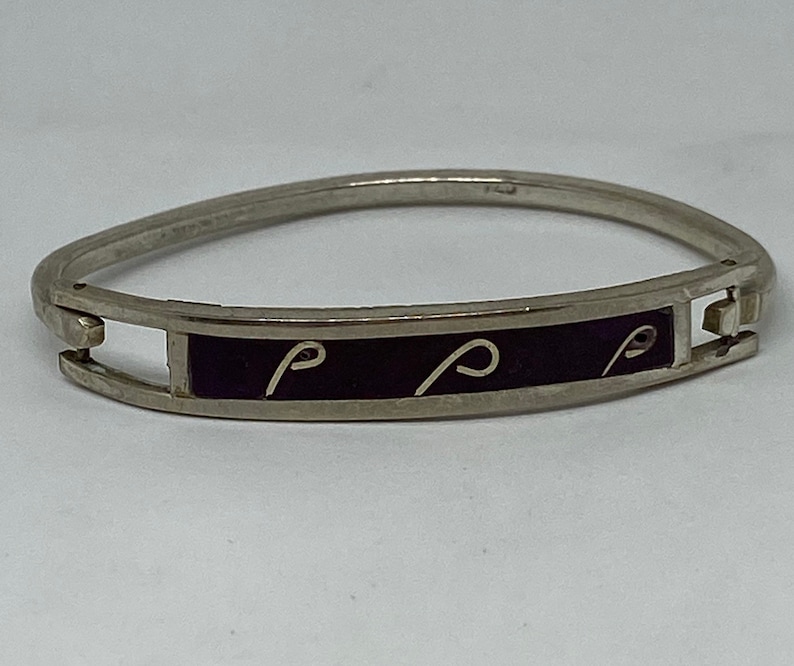 Sugilite Sterling Bracelet Bangle Hinged 925 Silver Symbols Mexico Mexican Cuff Vintage Jewelry Anniversary Birthday Christmas Gift Boho