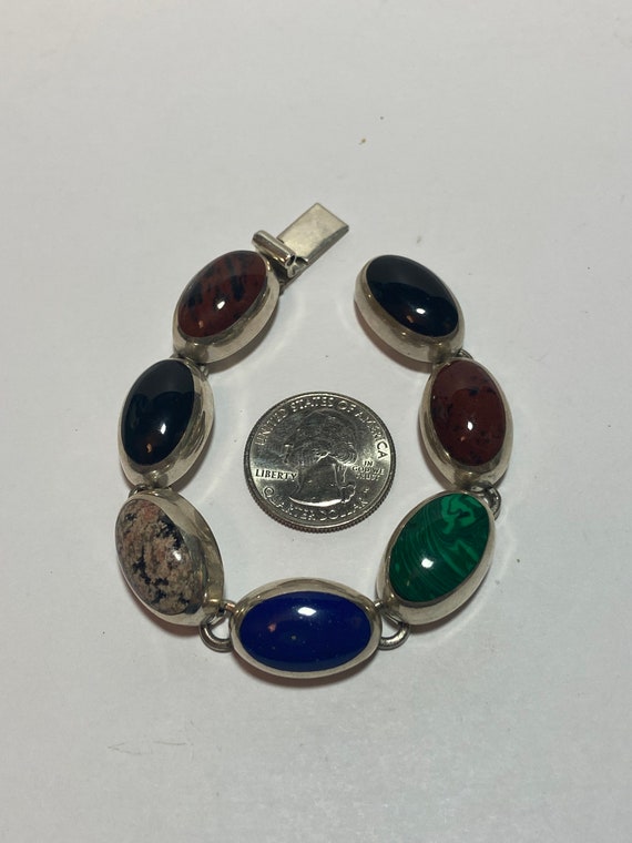Taxco Multi Stone Sterling Bracelet 6.75" 43g Lap… - image 7