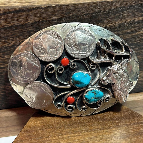 Navajo Turquoise Red Coral Buffalo Nickels Belt Buckle  display picture 1