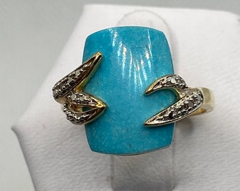 14K Sleeping Beauty Turquoise Diamond Ring Sz 8.5 Multi Stone 14KT Gold 925 Sterling Silver Vintage Jewelry Anniversary Birthday Gift Boho