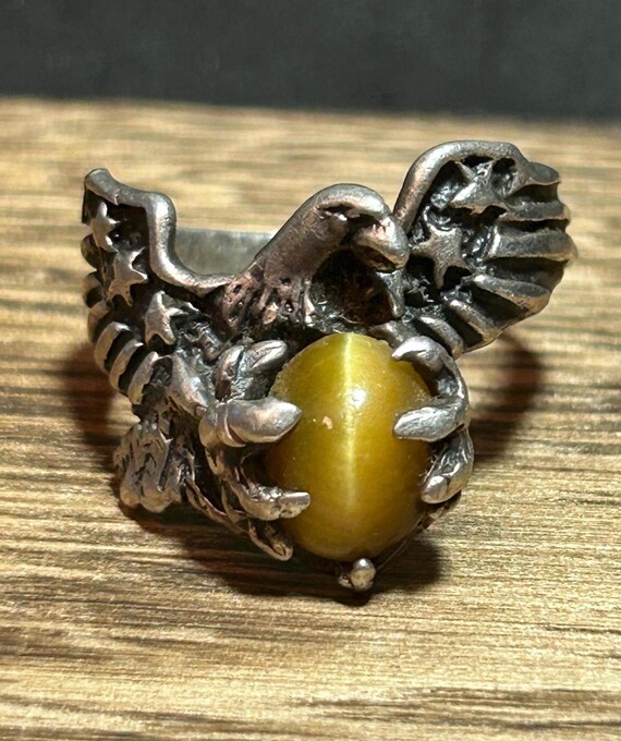 Bague En Argent Sterling Avec Œil De Tigre - Taille Réglable - Occasion