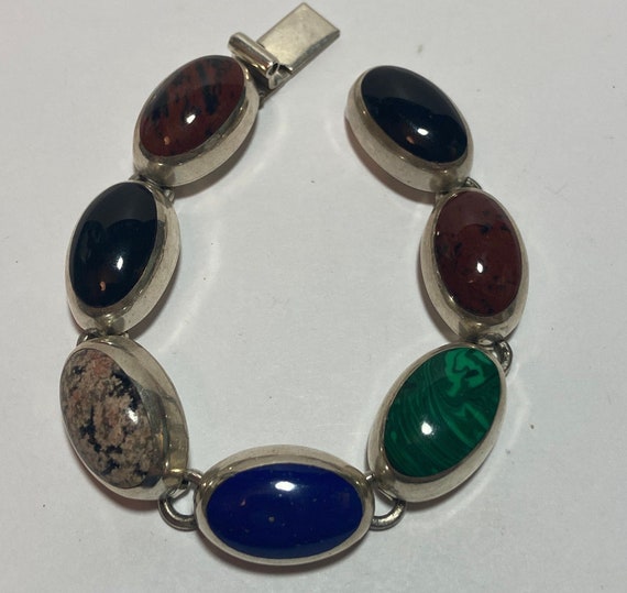 Taxco Multi Stone Sterling Bracelet 6.75" 43g Lap… - image 1