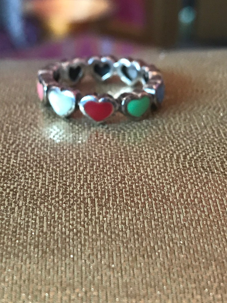 Multi Stone Sterling Heart Ring Sz 7 Pink Red Coral Lapis Gaspeite Pearl MOP 925 Silver Band Vintage Jewelry Christmas Birthday Gift Bridal