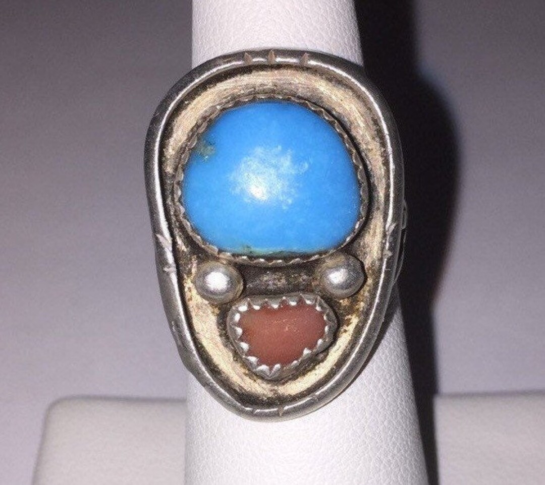 Navajo Turquoise Red Coral Ring Sz 6.5 Sterling Silver 925 Vintage ...