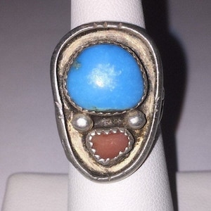 Navajo Turquoise Red Coral Ring Sz 6.5 Sterling Silver 925 Vintage Southwestern Native Jewelry  Cocktail Birthday Mother&#39;s Holiday Gift