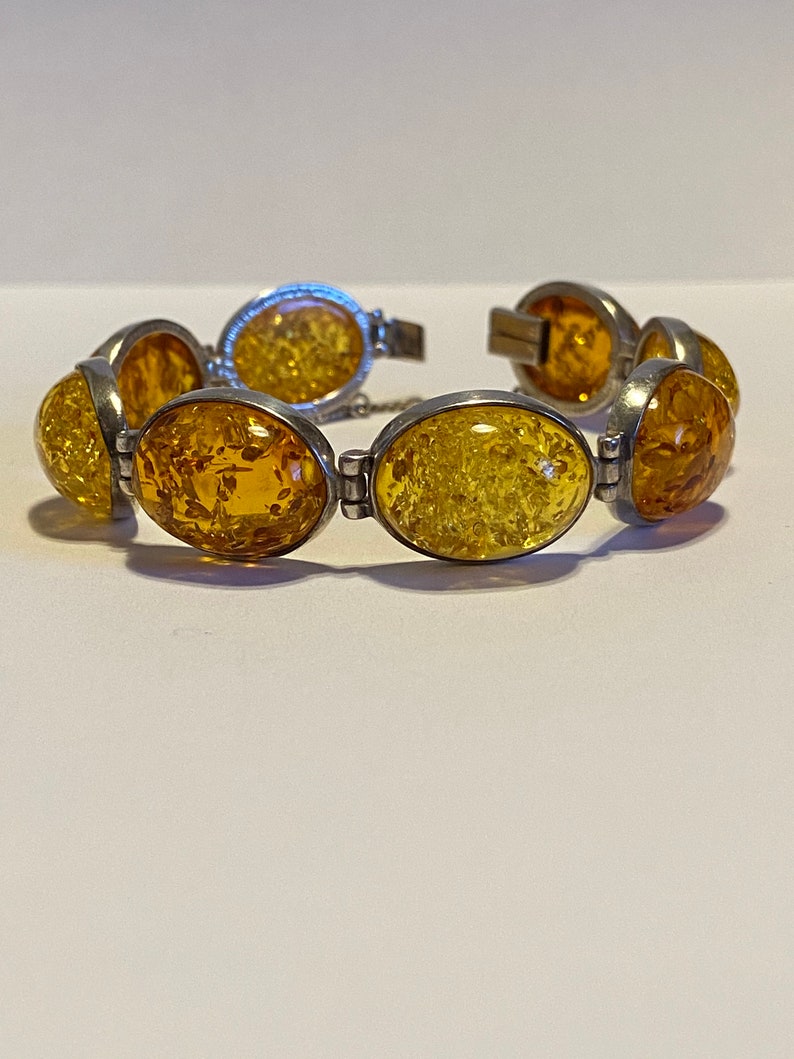 Baltic Amber Sterling Bracelet 7.5 Valerio Honey Polish Poland 925 Silver Vintage Jewelry Southwestern Anniversary Christmas Birthday Gift
