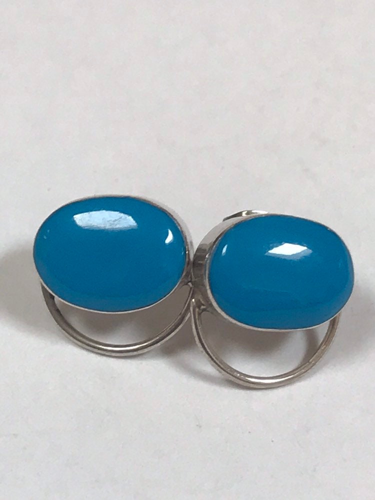 Boucles D'oreilles Pendantes Mexicaines Argent Sterling Et Turquoise - Motif Aztèque, Très Bon état Occasion