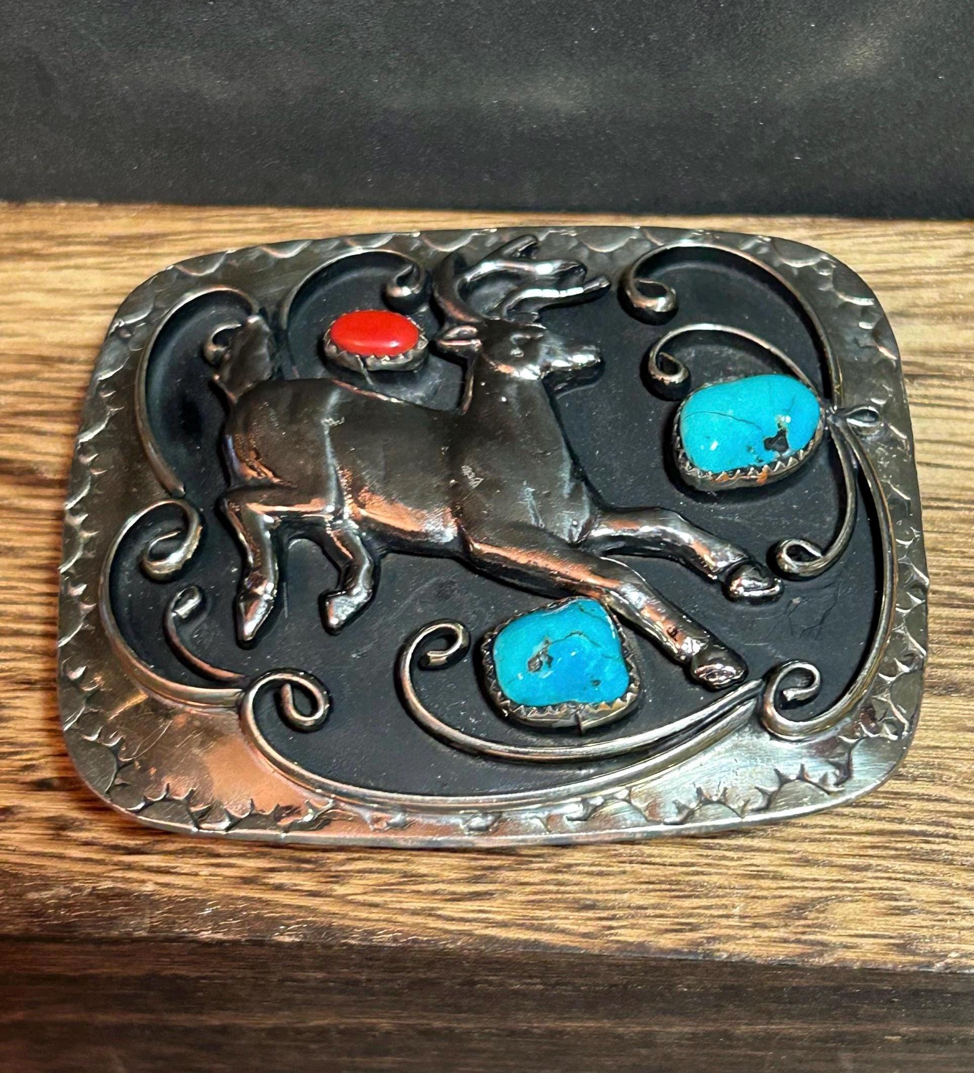 Vintage Native American R.Jim Sterling Silver 925 Turquest Belt Buckle Vintage Native American Navajo Sterling Silver & Turquoise  main image 2
