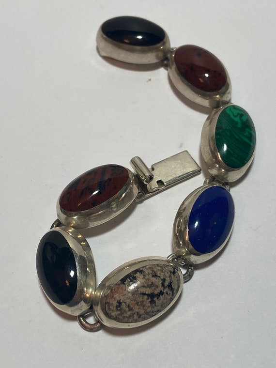 Taxco Multi Stone Sterling Bracelet 6.75" 43g Lap… - image 5