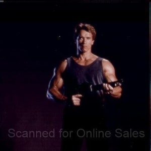 May include: A muscular individual with short brown hair wearing a dark gray tank top and black trousers, holding a black firearm. The figure is centered against a dark background with the text Scanned for Online Sales visible across the center.