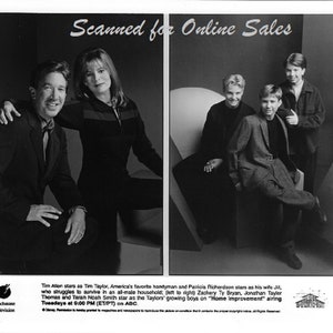 May include: Black and white photo of a family of five. The parents are standing in front of a gray background, while the three children are sitting in front of a gray background. The text "Scanned for Online Sales" is at the top of the image. The text "Touchanne Television" is at the bottom left of the image. The text "Tim Allen stars as Tim Taylor, America's favorite handyman and Patricia Richardson stars as his wife Jill, who struggles to survive in an all-male household; (left to right) Zachery Ty Bryan, Jonathan Tayler Thomas and Taran Noah Smith star as the Taylors' growing boys on "Home Improvement" airing Tuesdays at 9:00 PM (ET/PT) on ABC." is at the bottom of the image.