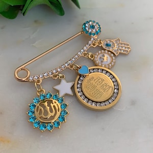 Islamic Stroller Pin – Baby Boy Protection Charm with 4-Qul, Allah Pendant, White and Turquoise Charms