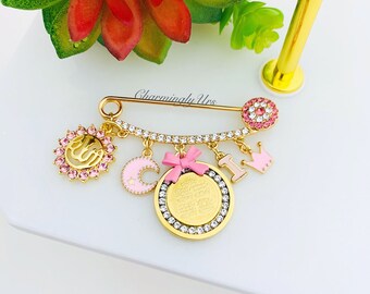 Diamante Allah & 4-Qul Baby Pin – Pink Rhinestone Muslim Gift