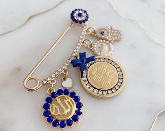 Diamante Allah Stroller Pin, Evil Eye, 4 Qul Pendant