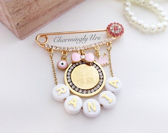 Pink Customized - Personalized Baby Pin with Bead Name, Diamante 4-QUL, Evil Eye
