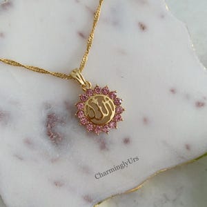 Gold Allah Pendant Surrounded By Pink Stones on WaterWave Chain, Perfect Eid Gift Or Birthday Gift