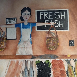 Outsider Artist: Connie Green- Oryginalny obraz olejny-"Świeża ryba"