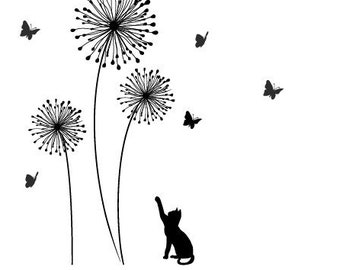 Denti di leone con la decalcomania di gatto, elegante moderno fiore adesivi per pareti farfalla parete adesivi parete Sticker Stick su Wall Art di DecalIsland SD 009