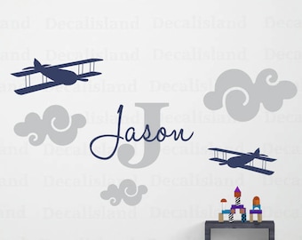 Aviation Nursery wall decal Child Personalized Name Plane, Airplane, clouds,Monogram nursery boys room, decal DecalIsland-SD