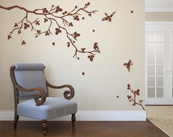 Vinyl kunst realistische natuurlijke boomtak met vogels Cool Decals voor muren Decals boom Decals voor muren - vertakking van de beslissingsstructuur met verlaat SD 087