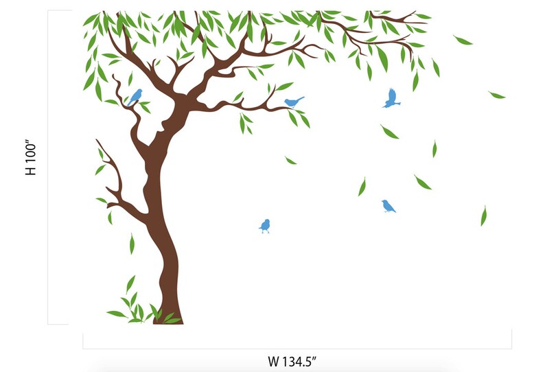 Large Tree SD 088 Nursery Tree Birds and Flying leaves decal Ideas Stick on Wall Art Decals for Walls Personalized Wall Decals