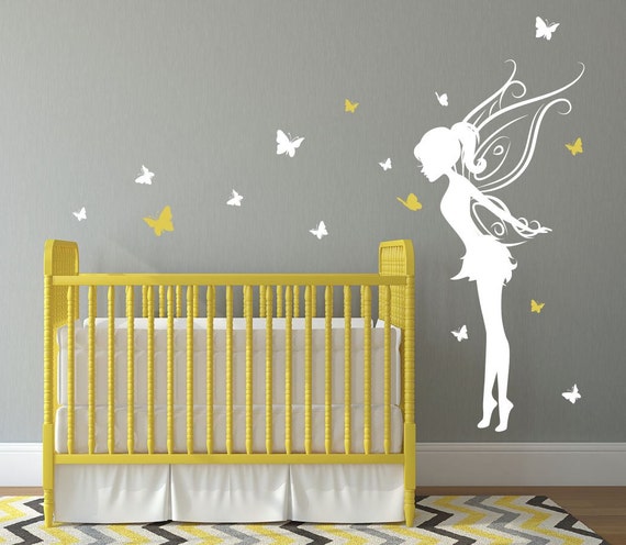 Bébé fille chambre Decor sticker mural fée w / papillons Vinyl sticker  muraux pour chambre denfant, autocollant mural DecalIsland fée 2 SD 080 -   France