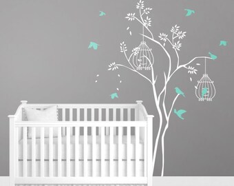 Wall Decals for Nursery Baby Room Designs Tree Branch with flying birds and cage Wall Sticker Decals Home Decor  DecalIsland - Tree SD 097