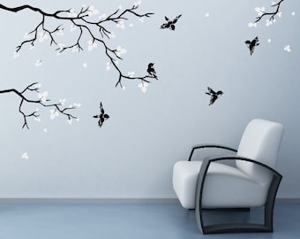 Pegatinas de pared para dormitorios Rama de árbol natural realista con pájaros Calcomanías frescas para paredes Calcomanías Arte de DecalIsland-ree rama Hojas SD 007