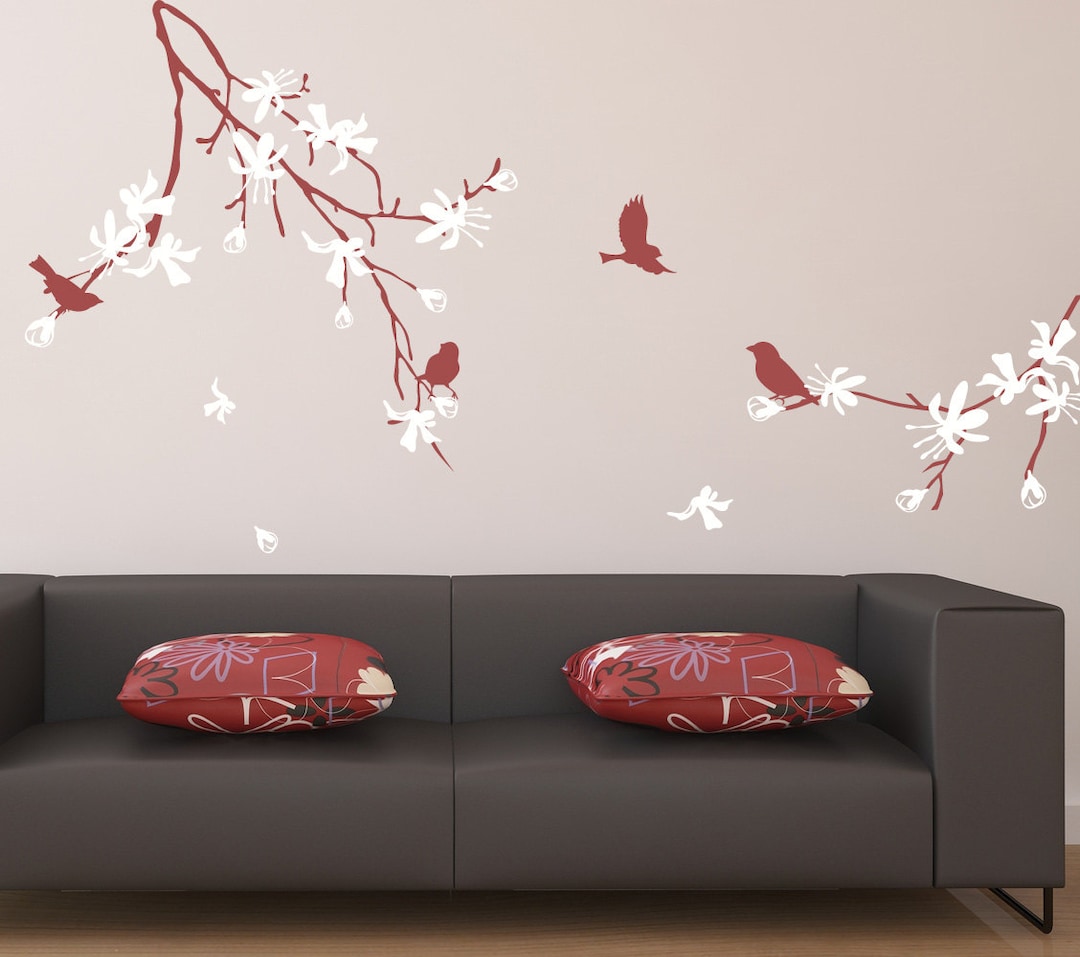Cherry Blossom Tree Wall Decal Tree Branch With Birds Stick on Wall Art ...