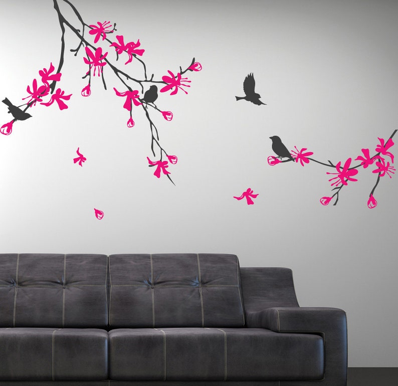 Cerezo de flor pared calcomanía rama de árbol con pájaros en | Etsy