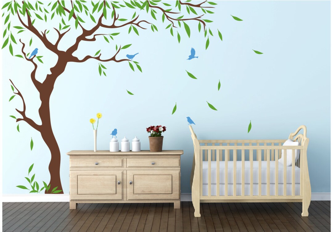 Nursery Tree Birds and Flying Leaves Decal Ideas Stick on Wall Art ...