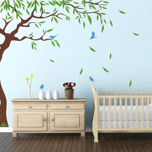 Nursery Tree Birds and Flying leaves decal Ideas Stick on Wall Art Decals for Walls Personalized Wall Decals  - Large Tree SD 088