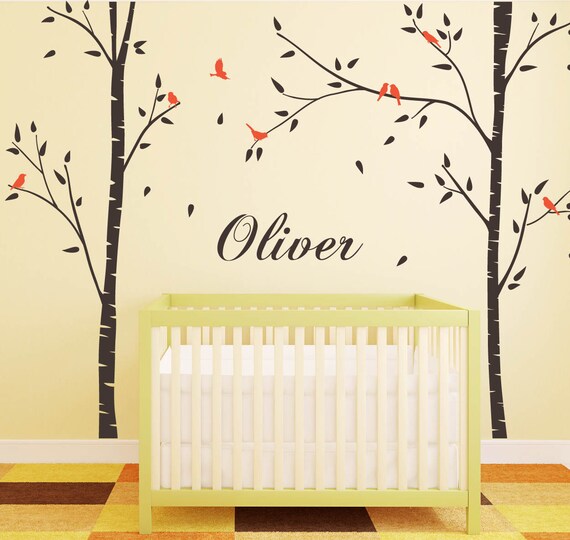 birch trees for nursery room with birds custom name wall | etsy