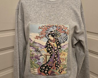 Hellgraues Sweatshirt mit Kimono-Applikation aus japanischem Canvas (M)