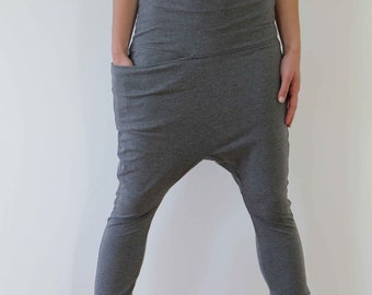 Pantalones Harem Grises: Pantalones de Jersey de Algodón con Pierna Caída y Pernera Ajustada