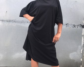 Black Midi Dress Asymmetric Dress Kaftan Loose Dress