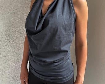 Cowl Tank Black Halter Top Jersey Tshirt Draped Yoga Women Tee