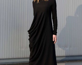 Vestido largo / Manga larga / Talla extra grande / Drapeado / Caftán negro