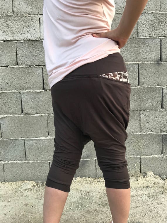 Short Harem Pants / Brown Drop Crotch Pants / Yoga Pants / Funky