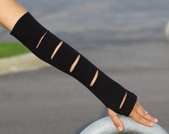 Guantes negros desgastados sin dedos: calentadores de brazos de jersey elástico