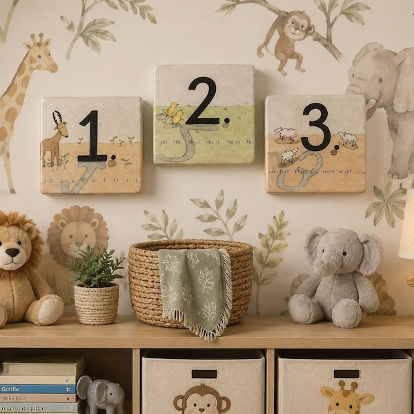 Rae Dunn Ceramic 1 2 3 - Baby Nursery Wall Decor - Set of 3 - Magenta