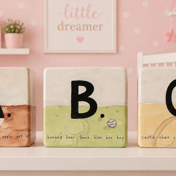 Rae Dunn Ceramic ABC - Adorable Baby Nursery Wall Decor - Set of 3 - Magenta