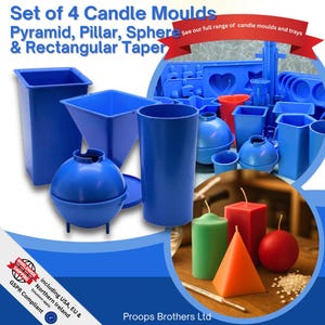 Proops Candle Mould Set x 4, 1 x Pyramid, 1 x Pillar, 1 x Rectangular Tapered, 1 x Sphere, UK Made (S7566). Free UK Postage