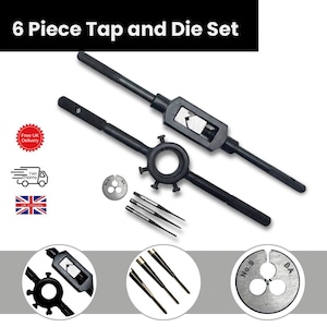 May include: A 6-piece tap and die set, featuring black handles and silver cutting tools. The set includes two tap wrenches, a die stock, and several taps and dies. The image also includes the text "6 Piece Tap and Die Set".