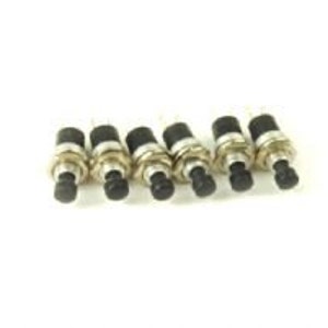 May include: Eight black and silver push button switches. The switches are small and round with a black button on top.