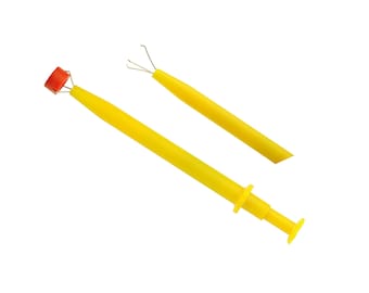 May include: Two yellow plastic tweezers with red tips. One tweezer has a round handle and the other has a three-pronged tip.
