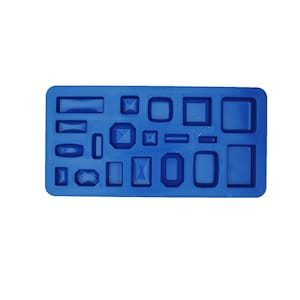 May include: Blue silicone mould with multiple shapes for making jewellery or resin crafts. The mould features various geometric shapes, including squares, rectangles, ovals, and diamonds.